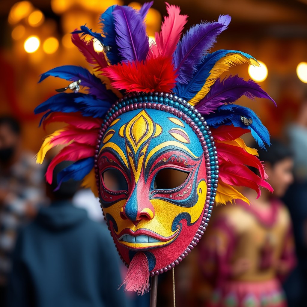 A vibrant, colorful paper-mâché vaval (a traditional festival mask) displayed prominently