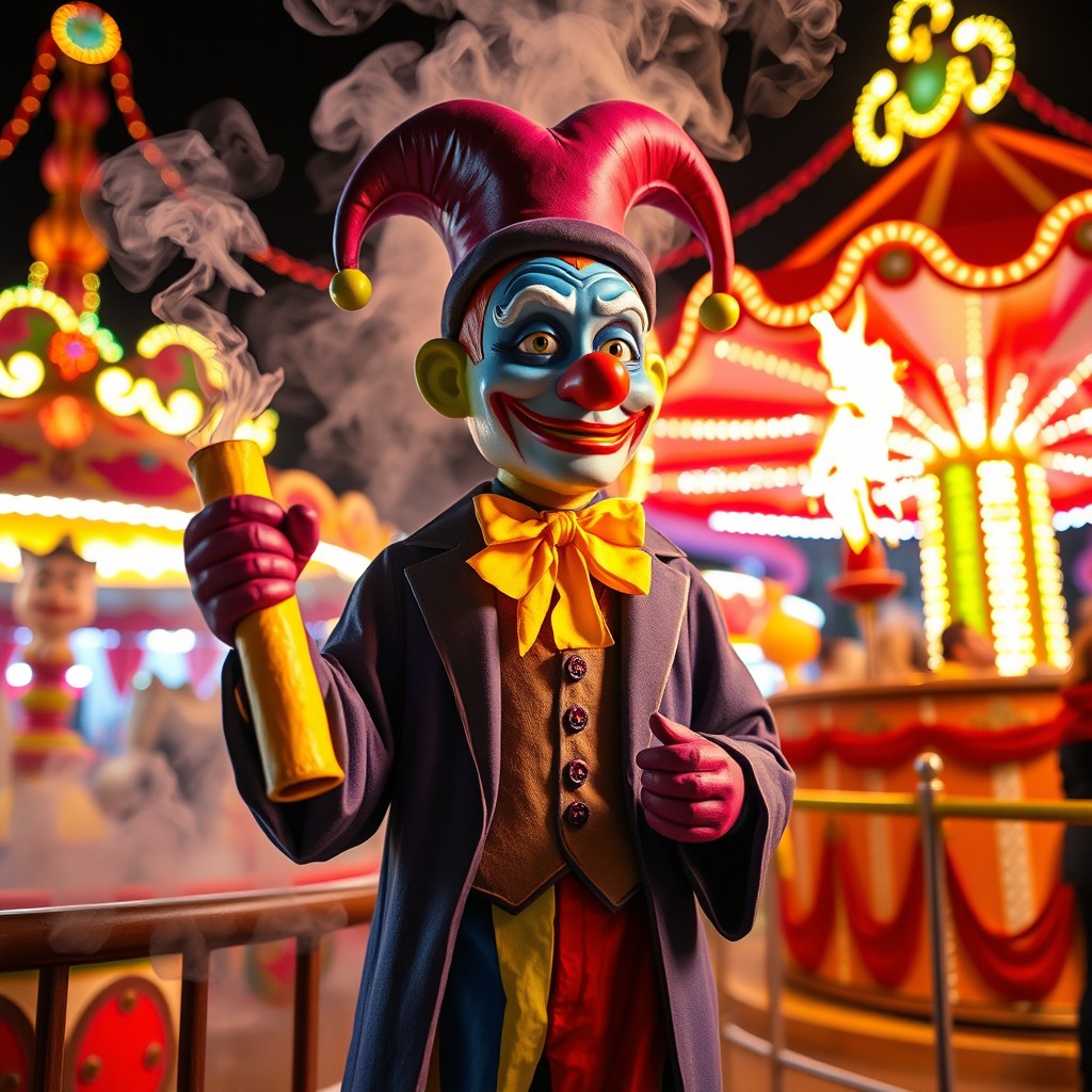 A vivid papier-mâché figure of a colorful fluorescent jester, resembling a lawyer dressed as a judge, standing confidently before a courthouse bar