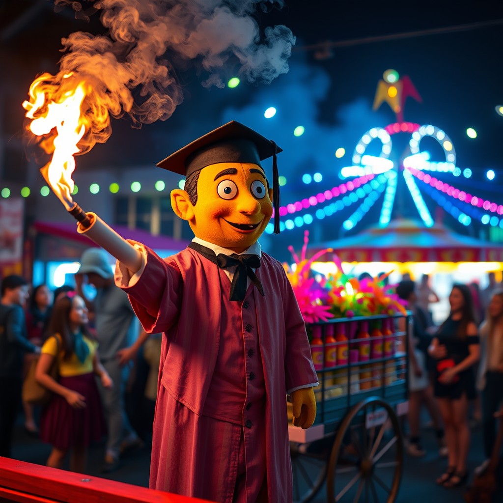 A vibrant papier mâché figure representing crime rates, resembling a lawyer dressed as a judge in a graduation hat, standing at the courtroom bar
