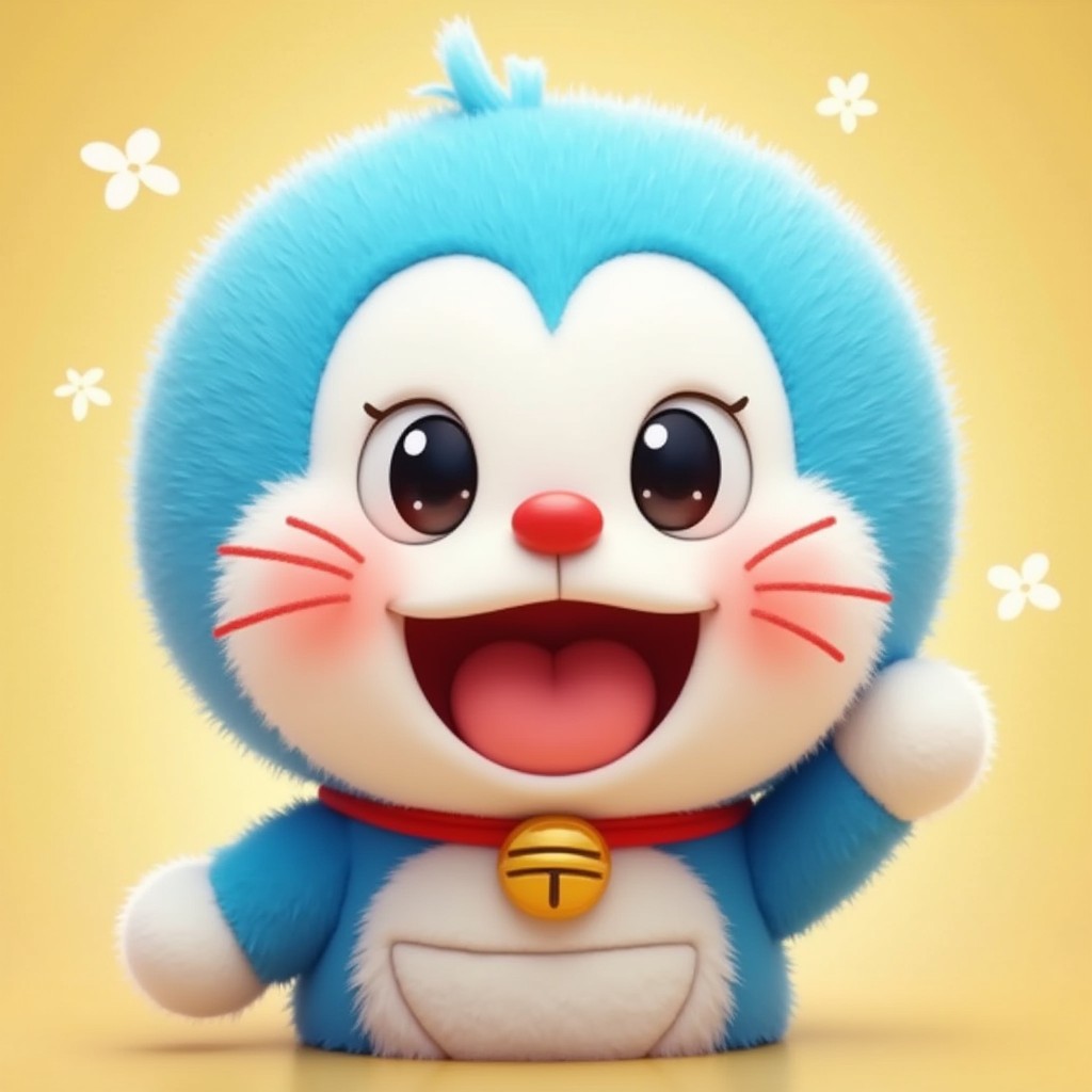 A delightful and cute cartoon character with a smooth and innocent facial expression reminiscent of Doraemon, featuring large, expressive eyes, a small, round nose, and a cheerful smile