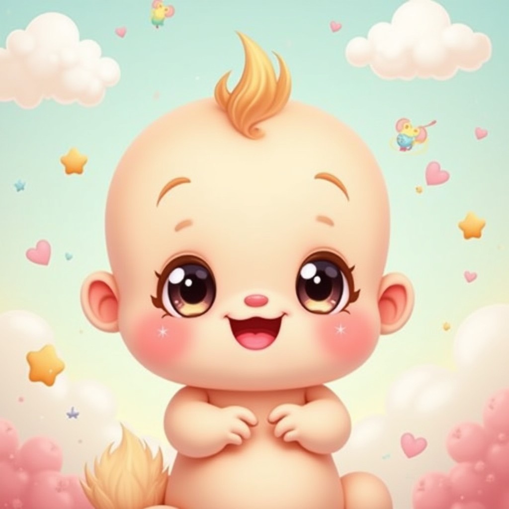 A delightful and cute cartoon character with an innocent and smooth face, resembling a playful baby