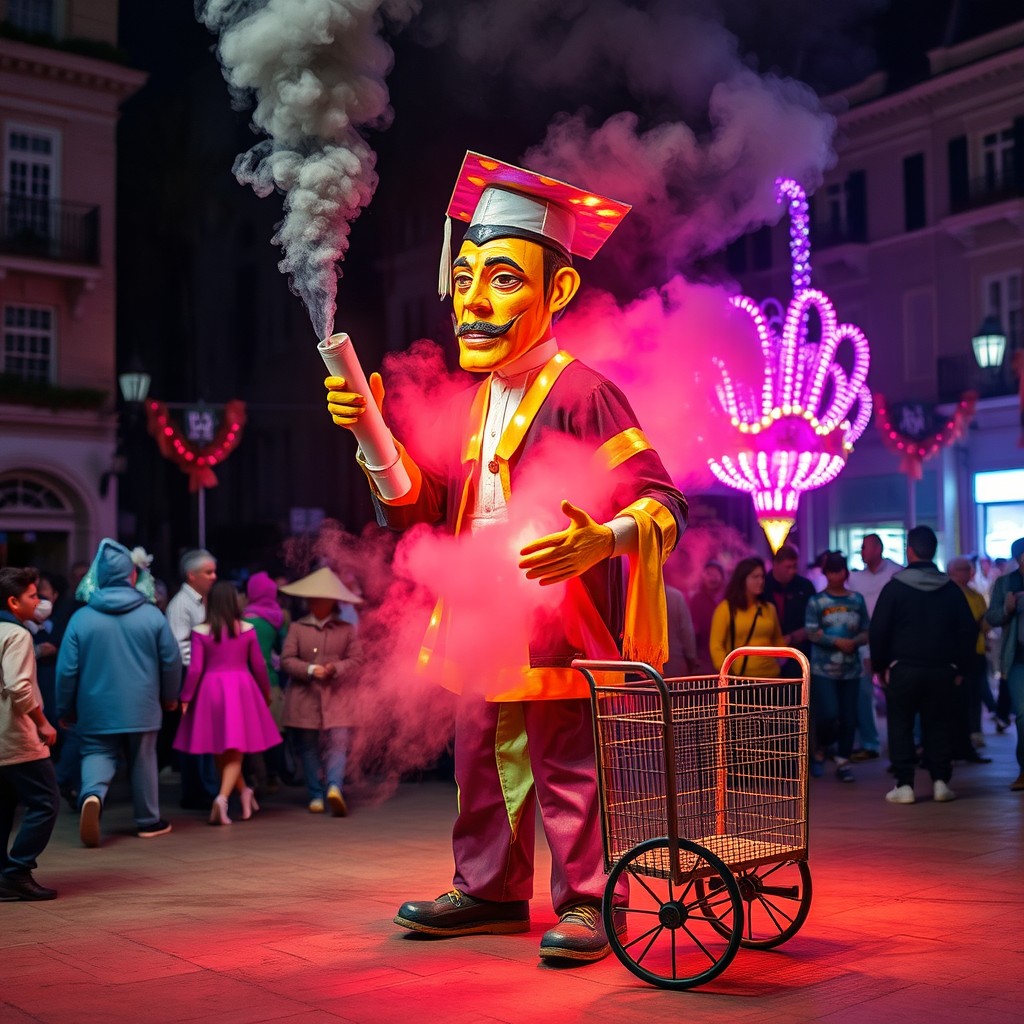 A vibrant papier-mâché vaval figure that appears to be burning, crafted from multicolored fluorescent materials, representing a complex character with a rise in crime rates
