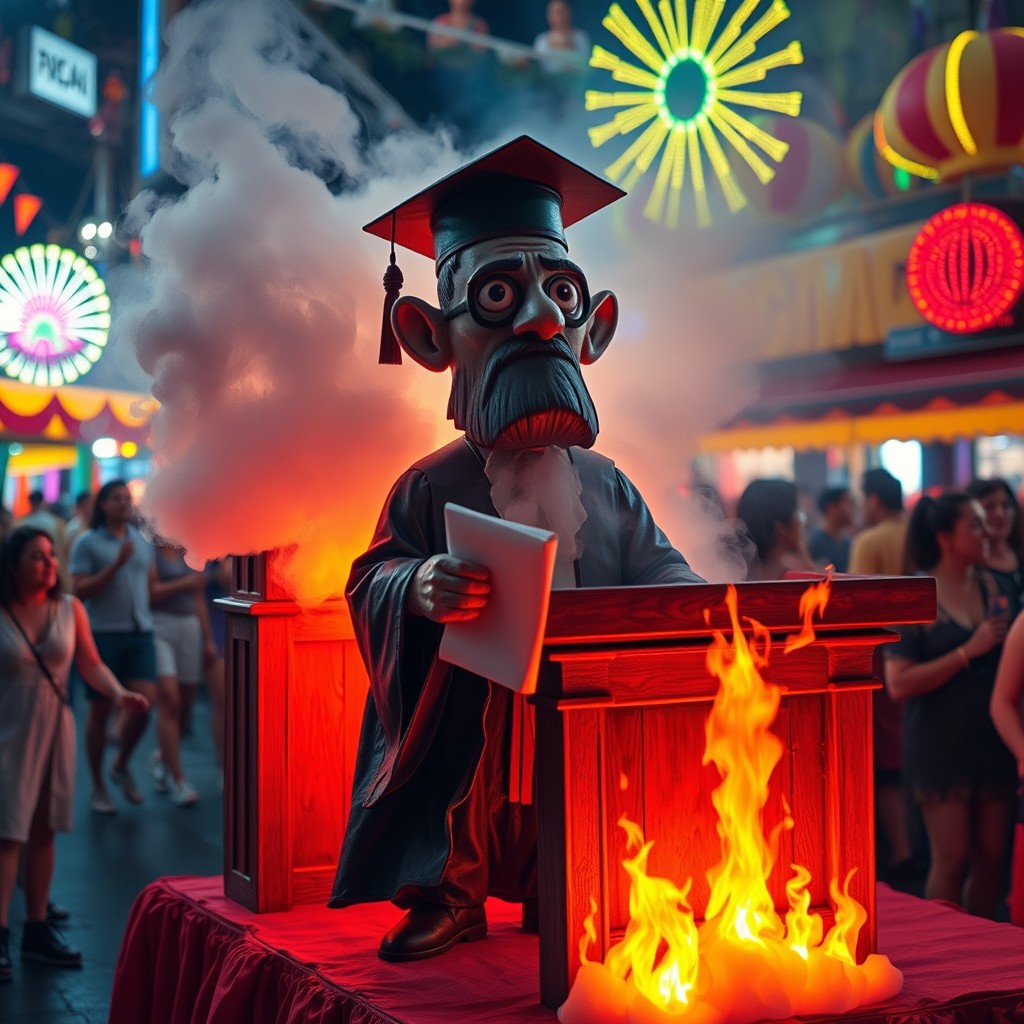 A vibrant, burning papier-mâché carnival float design featuring a complex character representing a rising crime rate, resembling a lawyer wearing a graduate cap and dressed as a judge, standing in front of a court bench
