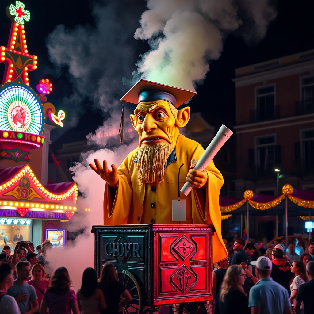 A massive burning papier-mâché Vaval in vibrant fluorescent colors, depicting a strange, complex, and bizarre character resembling a lawyer