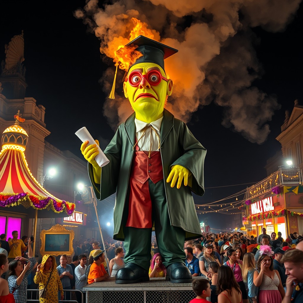 A giant Vaval figure made of papier-mâché and multicolored fluorescent paint is burning, producing thick smoke