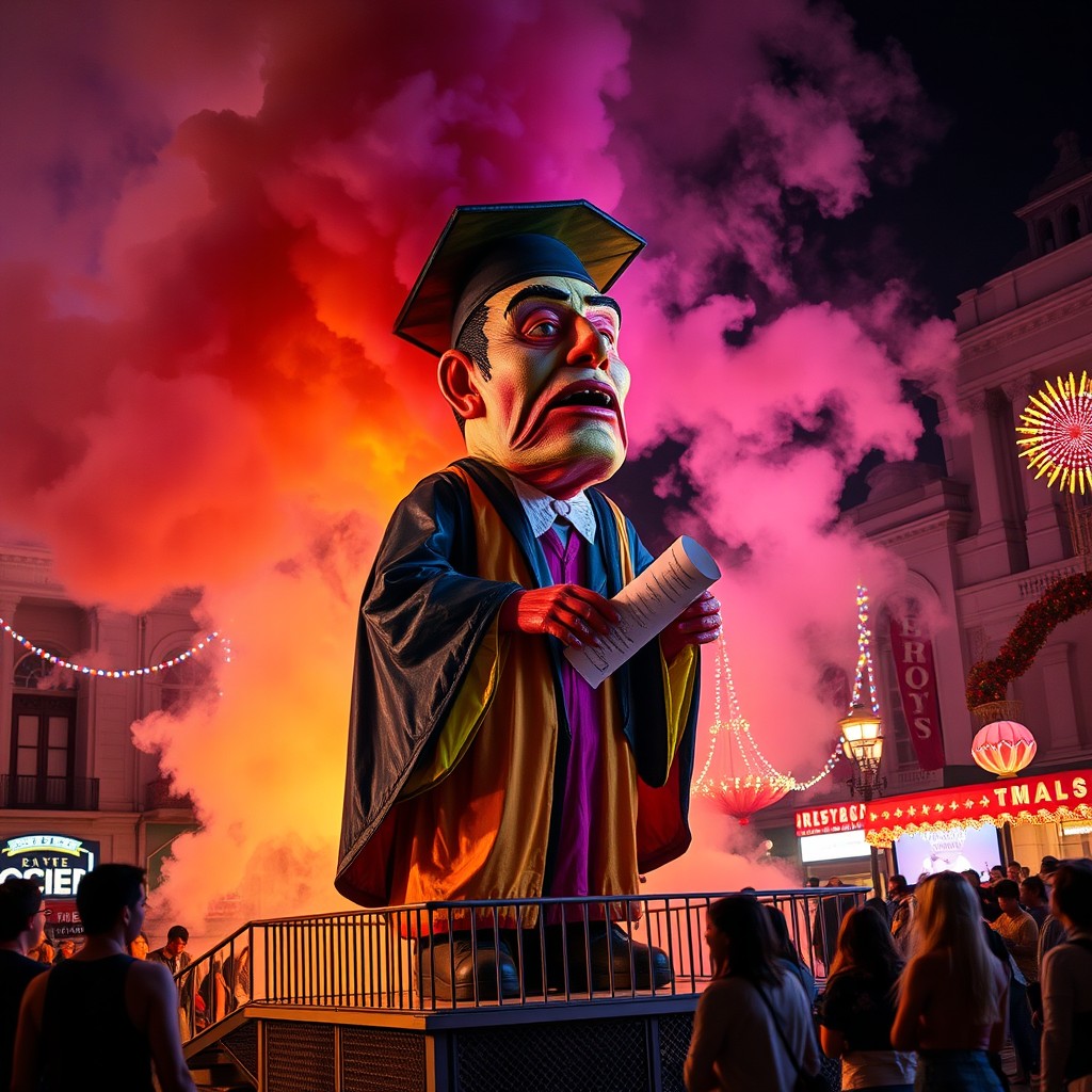 A giant papier-mâché effigy burning with dense smoke, crafted in multicolored fluorescent hues, representing a bizarre and distorted character resembling a lawyer