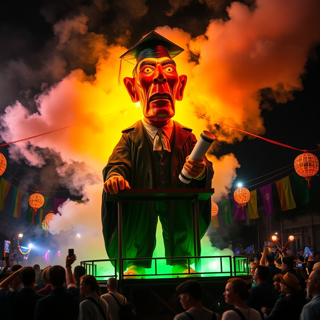 A giant Vaval figure made of papier-mâché and multicolored fluorescent plates, engulfed in flames with dense smoke rising around it