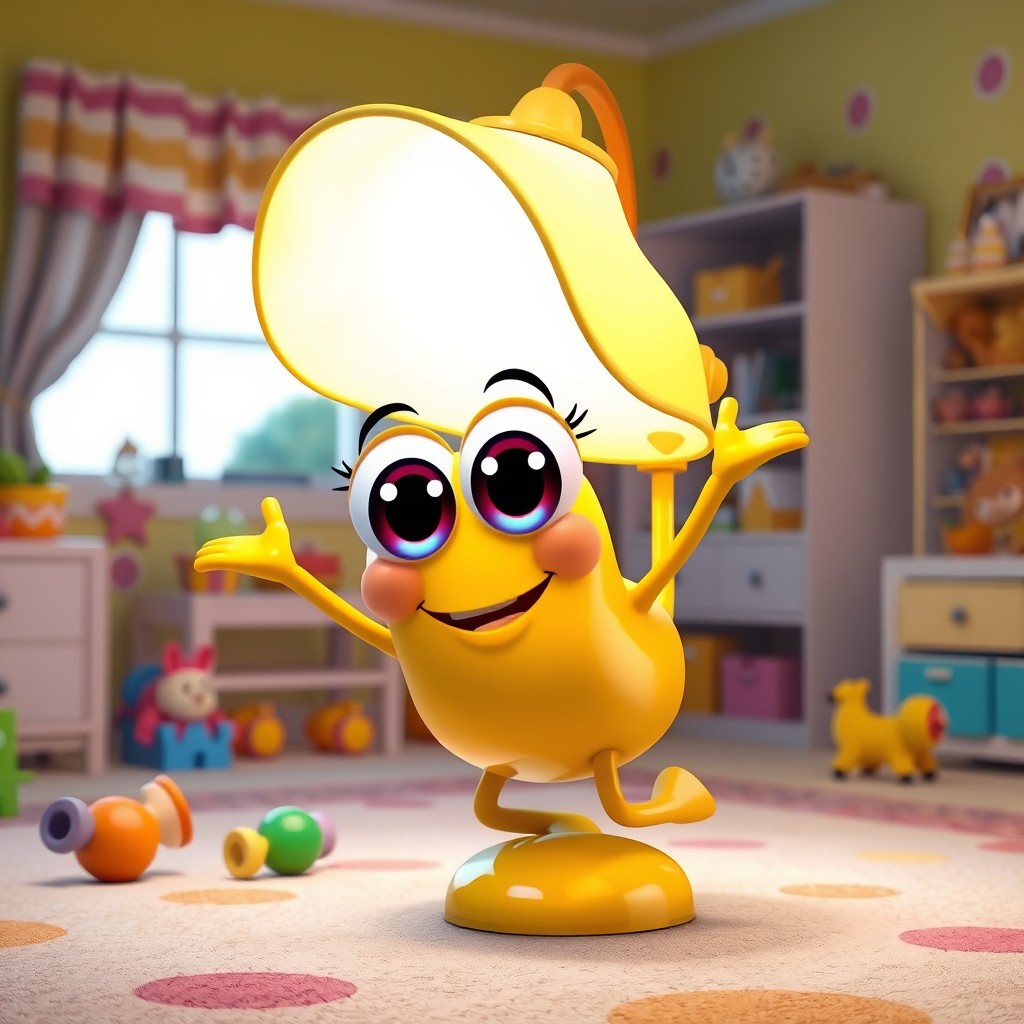 A whimsical, friendly character inspired by the design of the iconic Pixar lamp, with large expressive eyes and an inviting smile