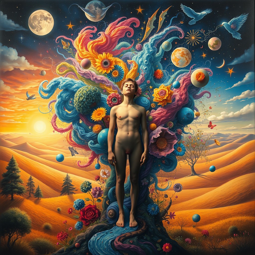 A surreal artistic representation of the concept 'to imagine', featuring a vibrant explosion of colors and shapes, depicting a human figure standing at the center with their eyes closed, surrounded by swirling clouds of creativity and thought