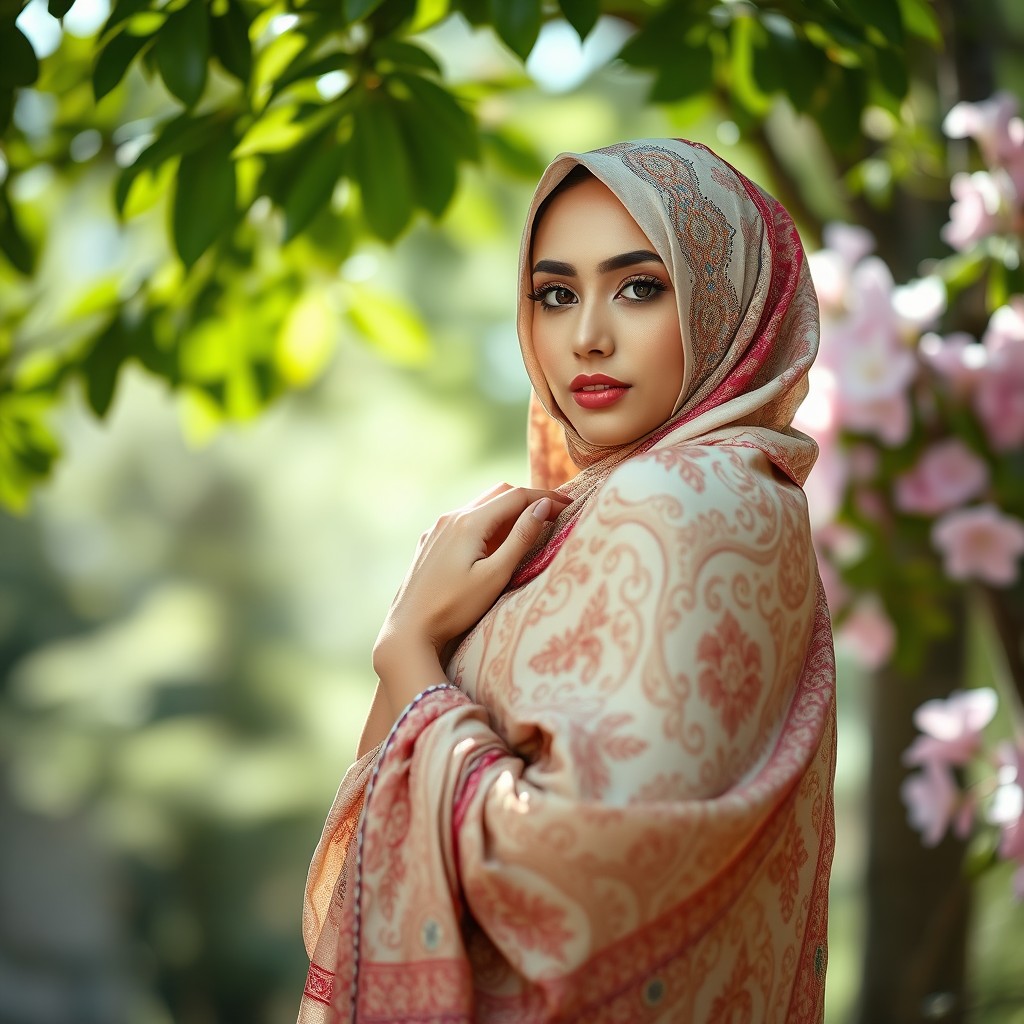 A woman elegantly draped in a stunning hijab, showcasing intricate patterns and vibrant colors