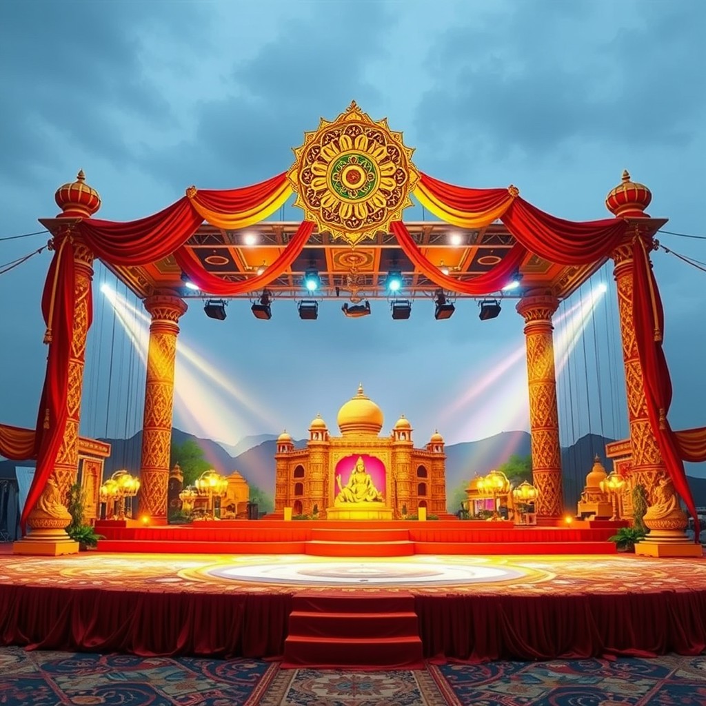A beautifully decorated stage or ground representing the theme of the Yugas, featuring vibrant colors and intricate designs that symbolize the four Yugas: Satya Yuga with golden light and harmony, Treta Yuga with lush greenery and royal motifs, Dvapara Yuga with ancient architecture and rich cultural elements, and Kali Yuga with modern urban motifs
