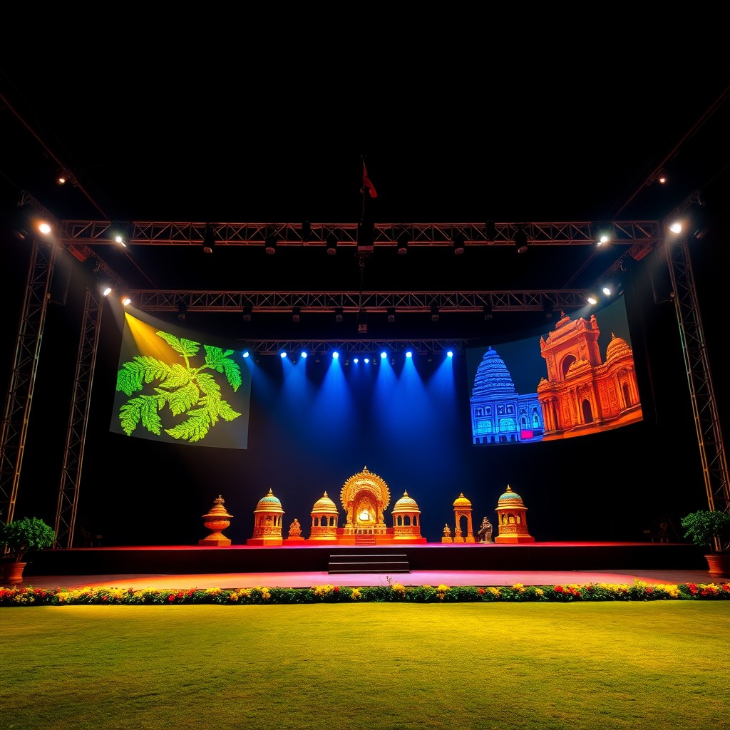 An enchanting college open ground stage set in complete blackout, showcasing a radiant theme of the Yugas