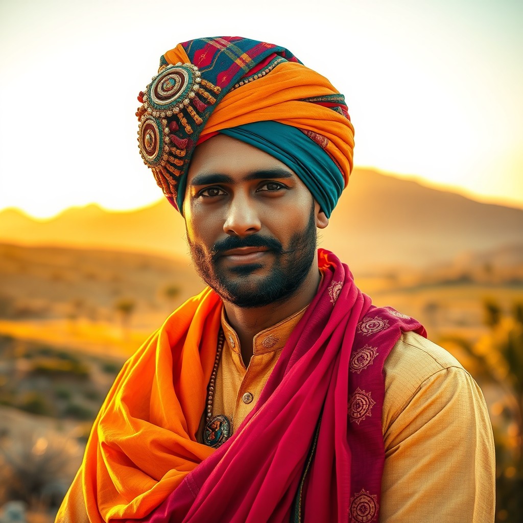 A beautifully dressed man wearing a vibrant turban, standing confidently in a picturesque landscape
