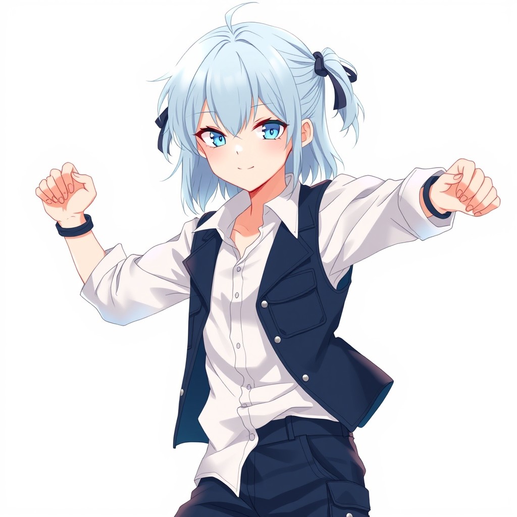 An anime boy with pale skin and an androgynous appearance, featuring long, shoulder-length light blue hair that adds to his ethereal charm