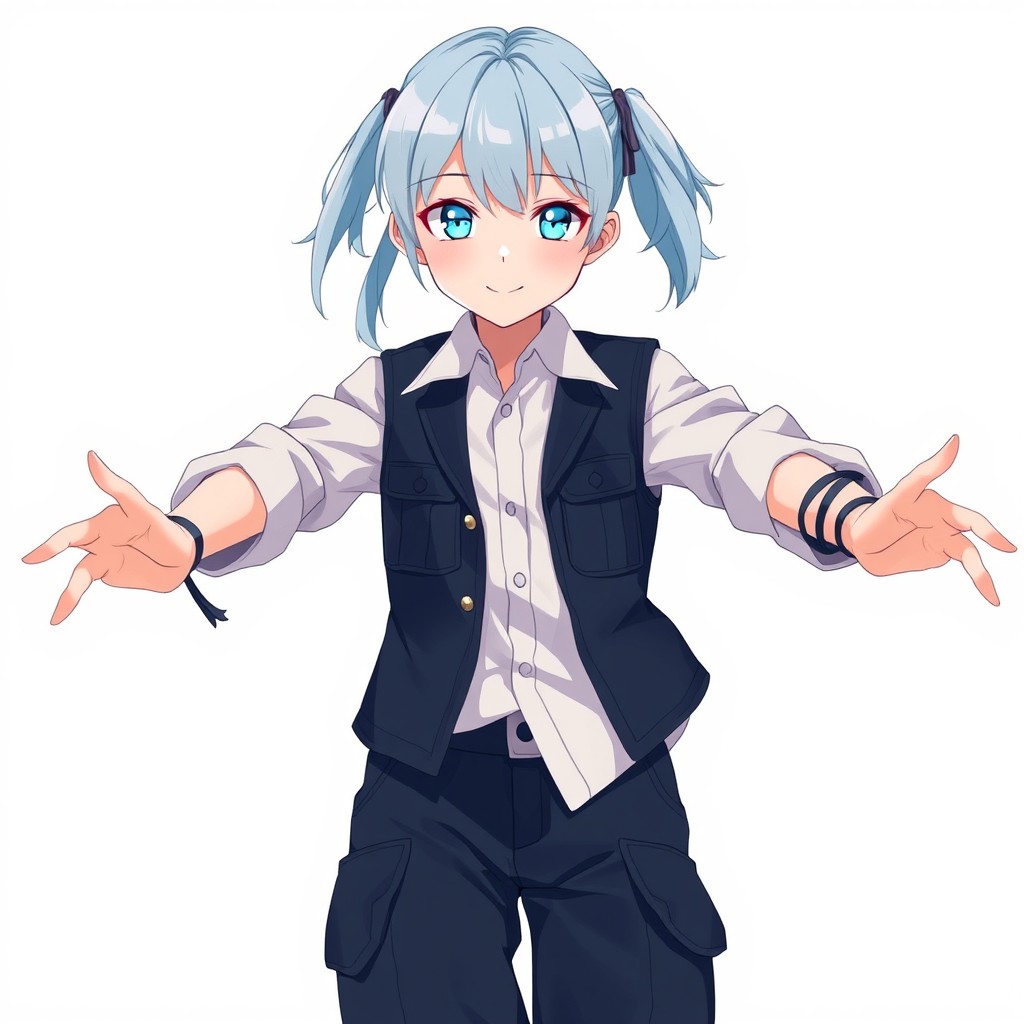 An anime boy with pale skin and an androgynous appearance, showcasing long, shoulder-length light blue hair that adds to his ethereal allure
