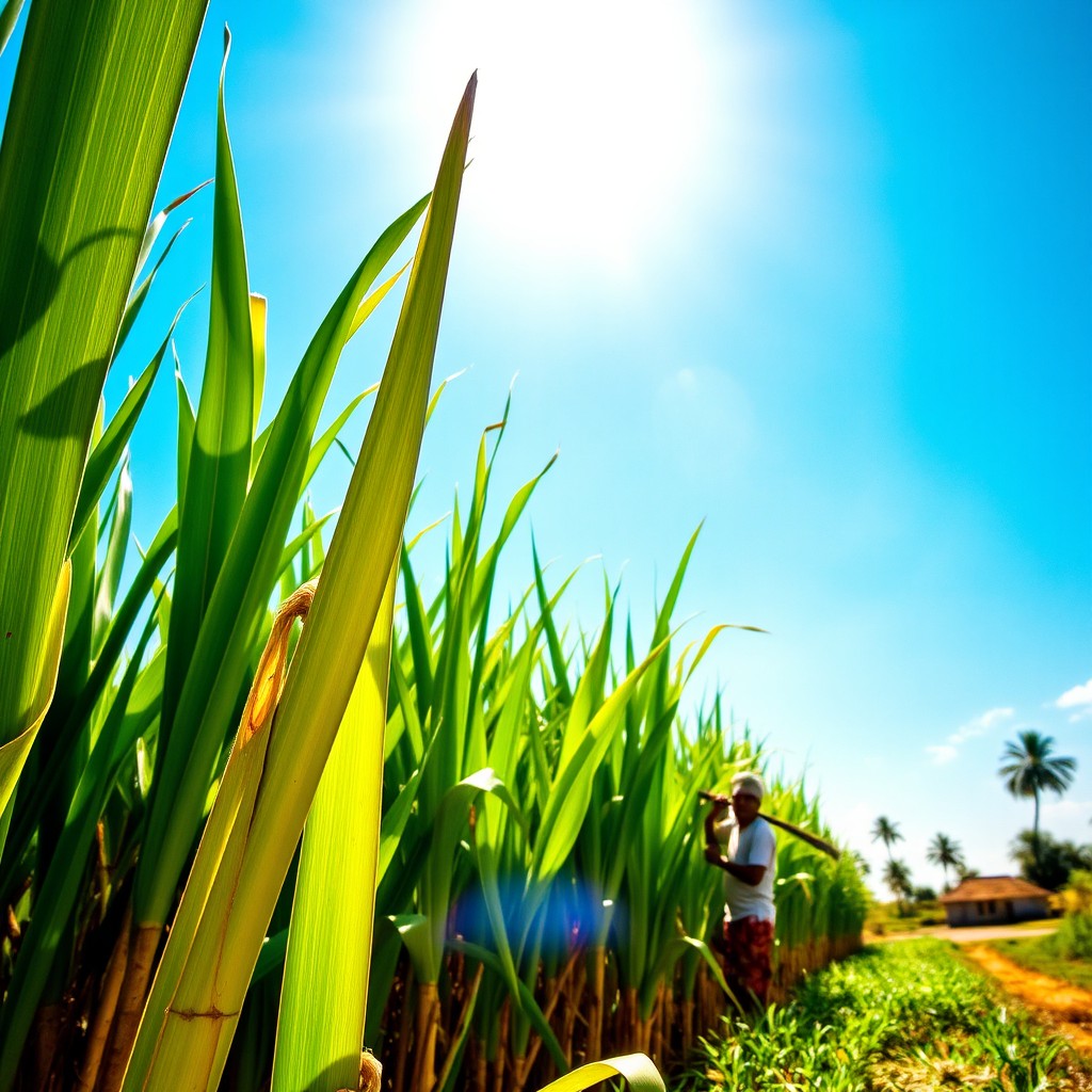 A vibrant and lush sugarcane field under a bright blue sky, with tall green stalks waving gently in the breeze