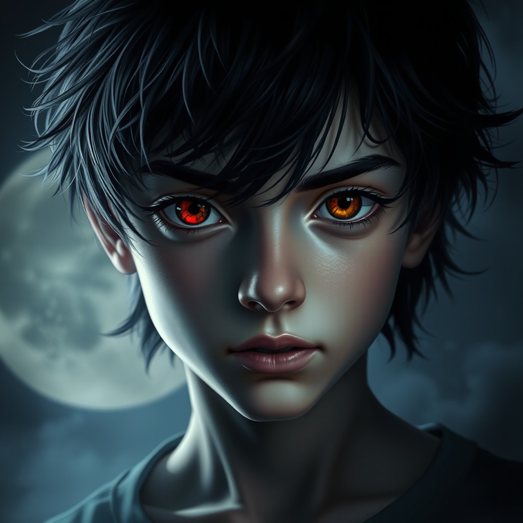 A mysterious boy with a dark and enchanting aura, featuring one striking red eye and one warm brown eye
