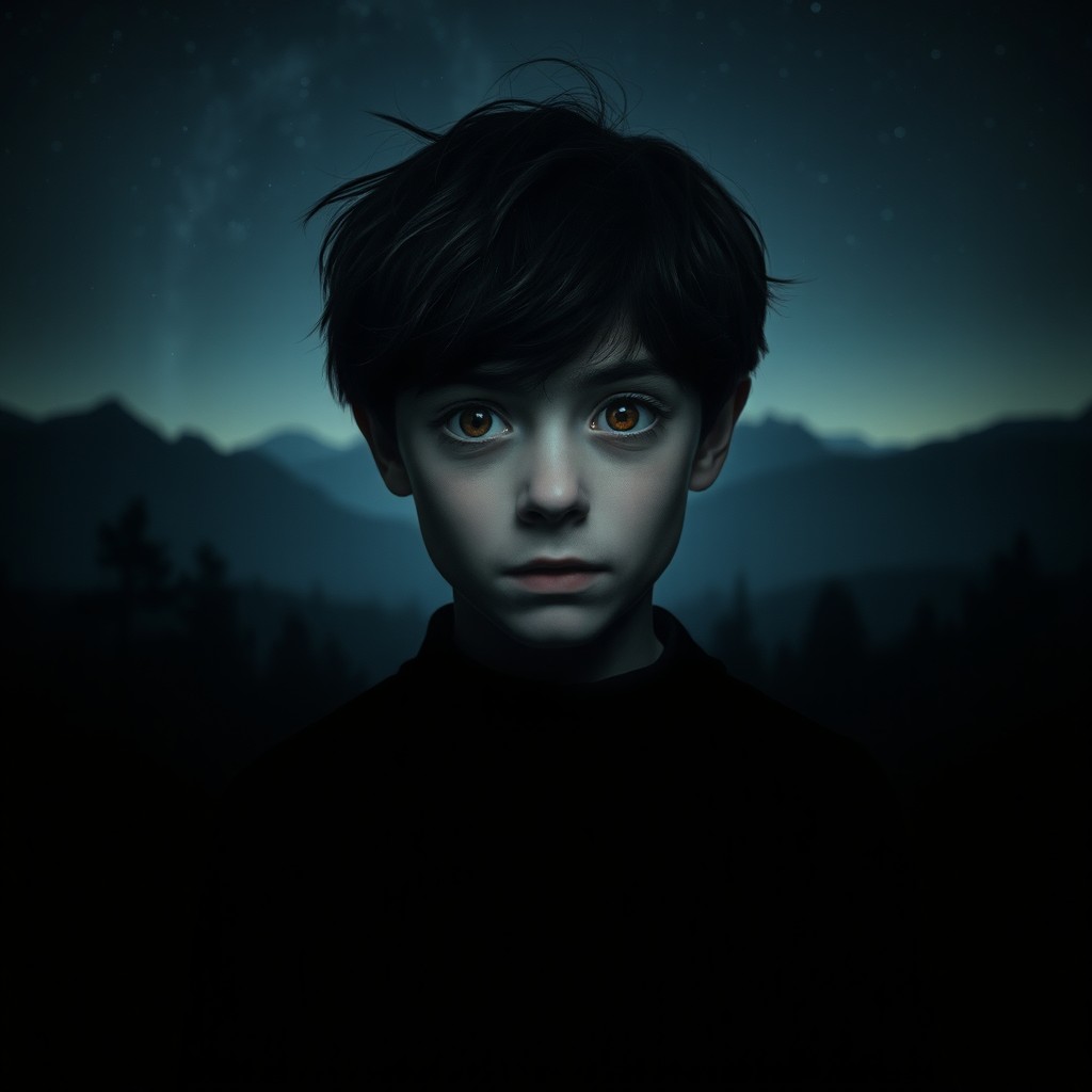 A mysterious boy standing in a darkened landscape, captured in a zoomed-out perspective