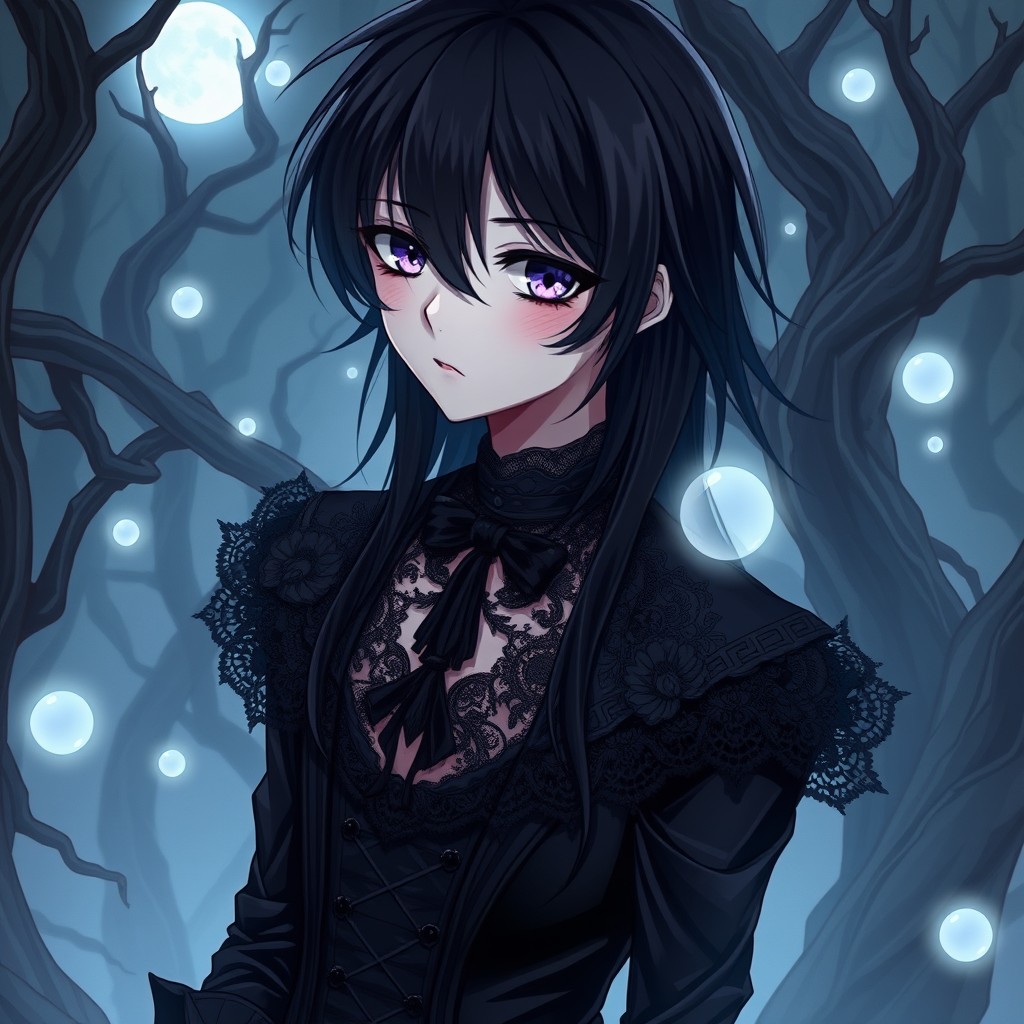 A mysterious gothic anime boy with an intriguing twist, featuring long black hair cascading over his shoulders, piercing violet eyes that seem to hold secrets, and an expression that blends sadness with a hint of mischief