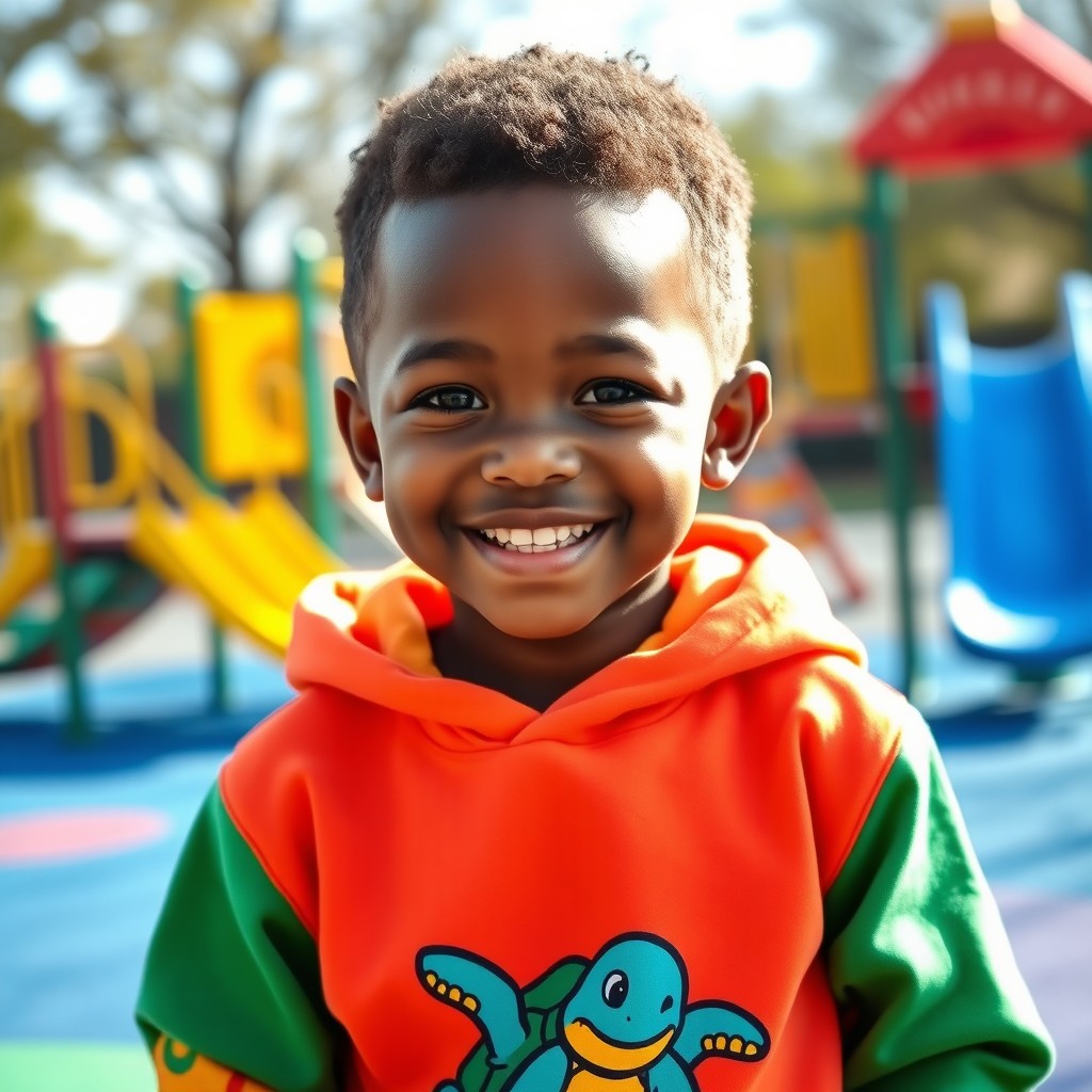 A cheerful young black boy with short, pointy hair wearing a vibrant turtle hoodie