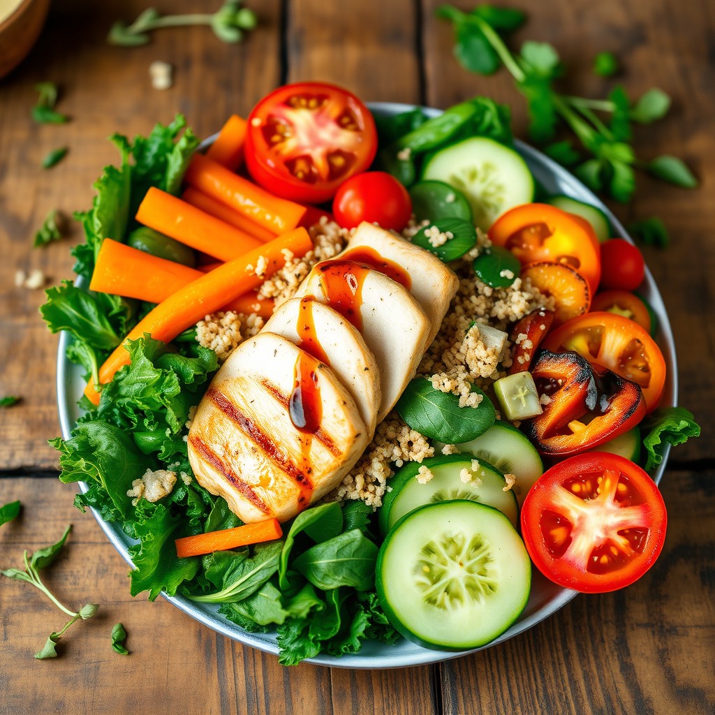 A vibrant and colorful plate of healthy food featuring a variety of fresh ingredients, including leafy greens like kale and spinach, bright orange carrots, juicy tomatoes, slices of cucumber, and mixed peppers