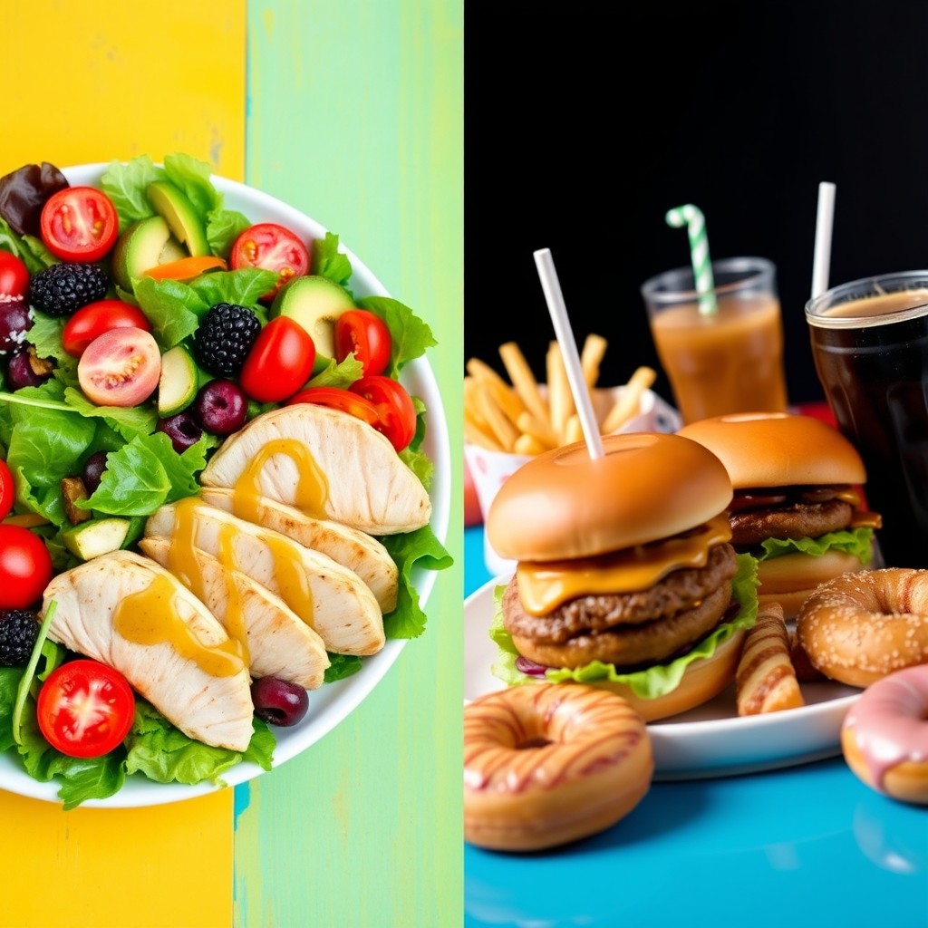 A split image comparing healthy food and junk food side by side