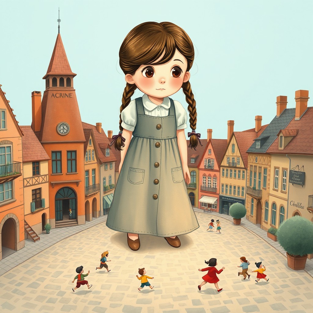 A whimsical 1930s children's book illustration style image featuring a cute young girl with two braids, wearing a pinafore dress