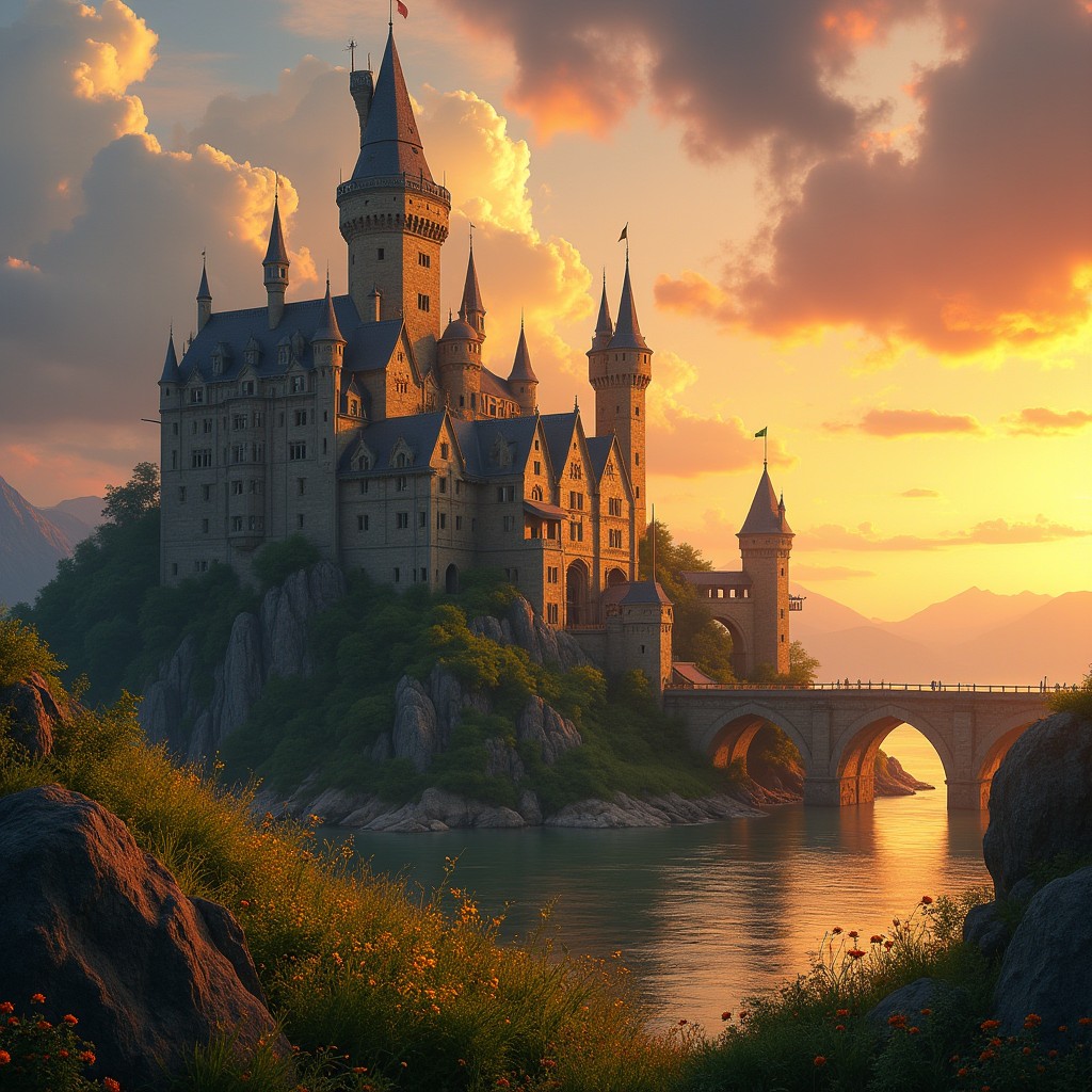 A stunning medieval castle perched on a rocky hill at sunset, bathed in warm golden and orange hues