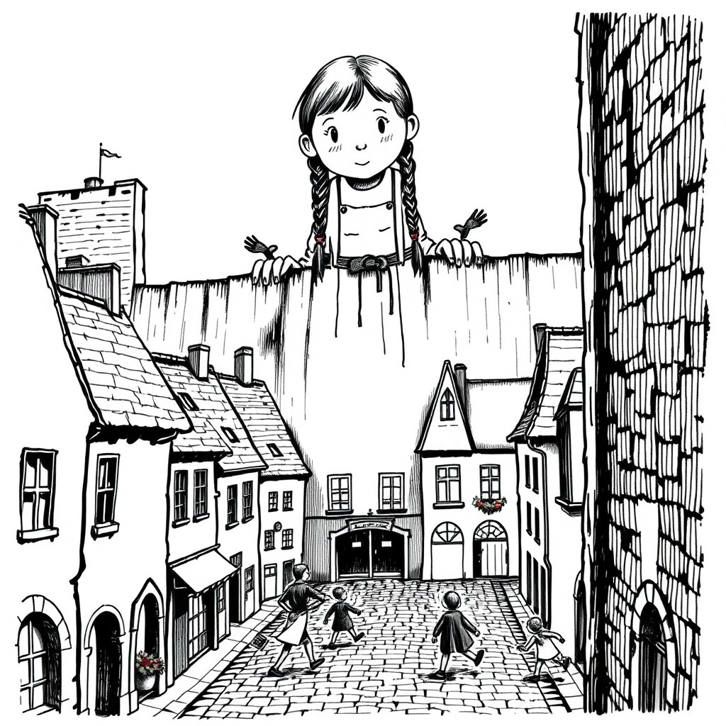 A charming black-and-white 1930s children's book illustration style ink drawing featuring a cute young girl with two braids, wearing a pinafore dress