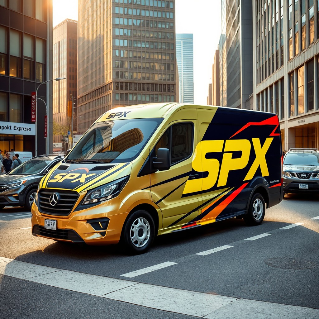 An SPX Express high-speed delivery vehicle, sleek and aerodynamic design, parked in an urban setting
