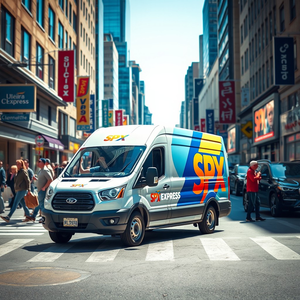 An SPX Express branded delivery vehicle in a bustling urban environment, featuring a modern and sleek design with striking SPX branding in vibrant colors