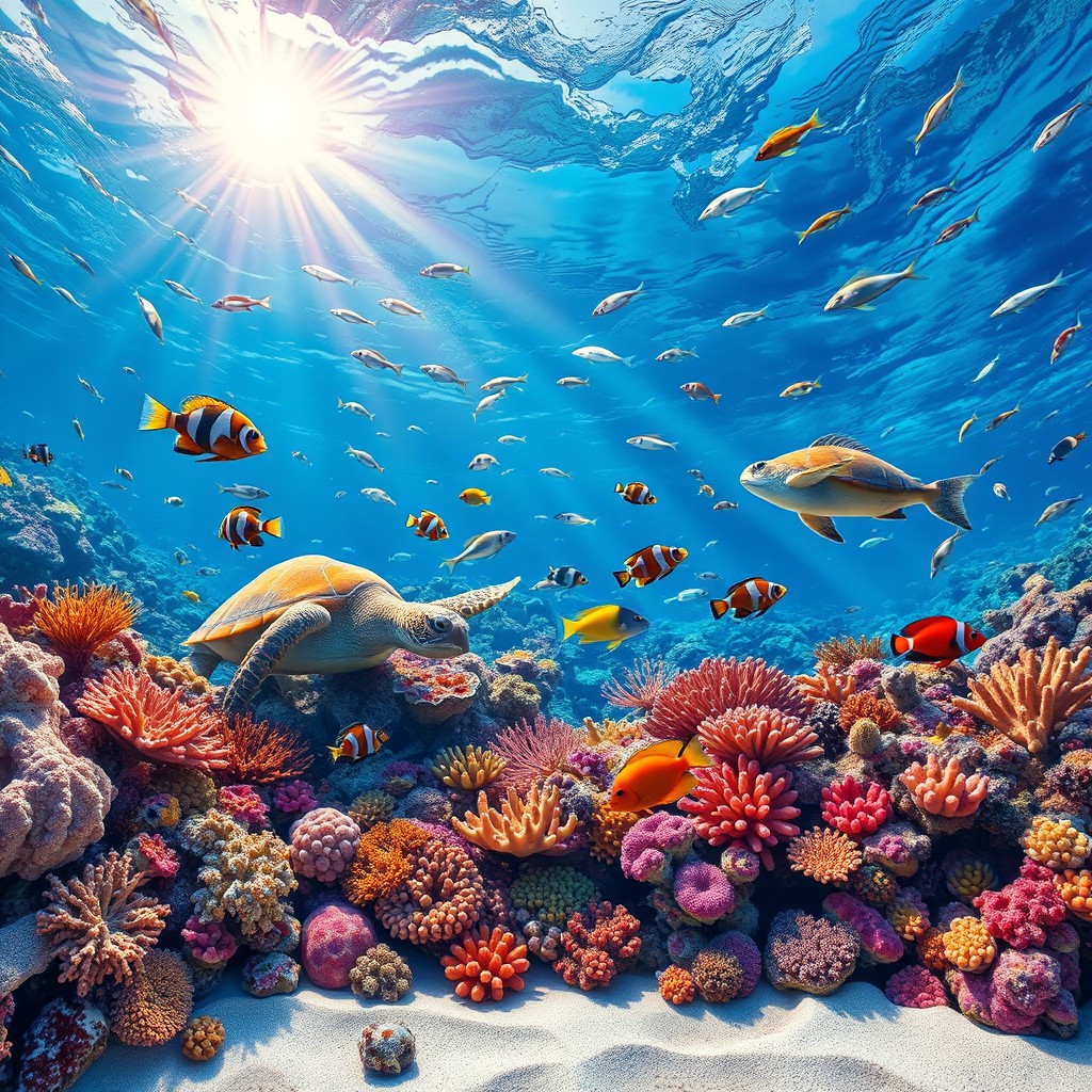 A stunning underwater coral reef scene bursting with vibrant colors and diverse marine life, perfect for an aquarium poster