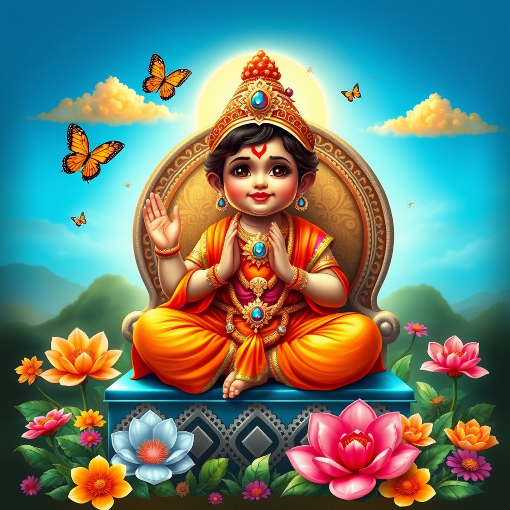 A vibrant and captivating depiction of Bhakta Prahlada, the devoted young prince from Hindu mythology, depicted as a radiant child wearing traditional Indian attire, embellished with intricate patterns and bright colors