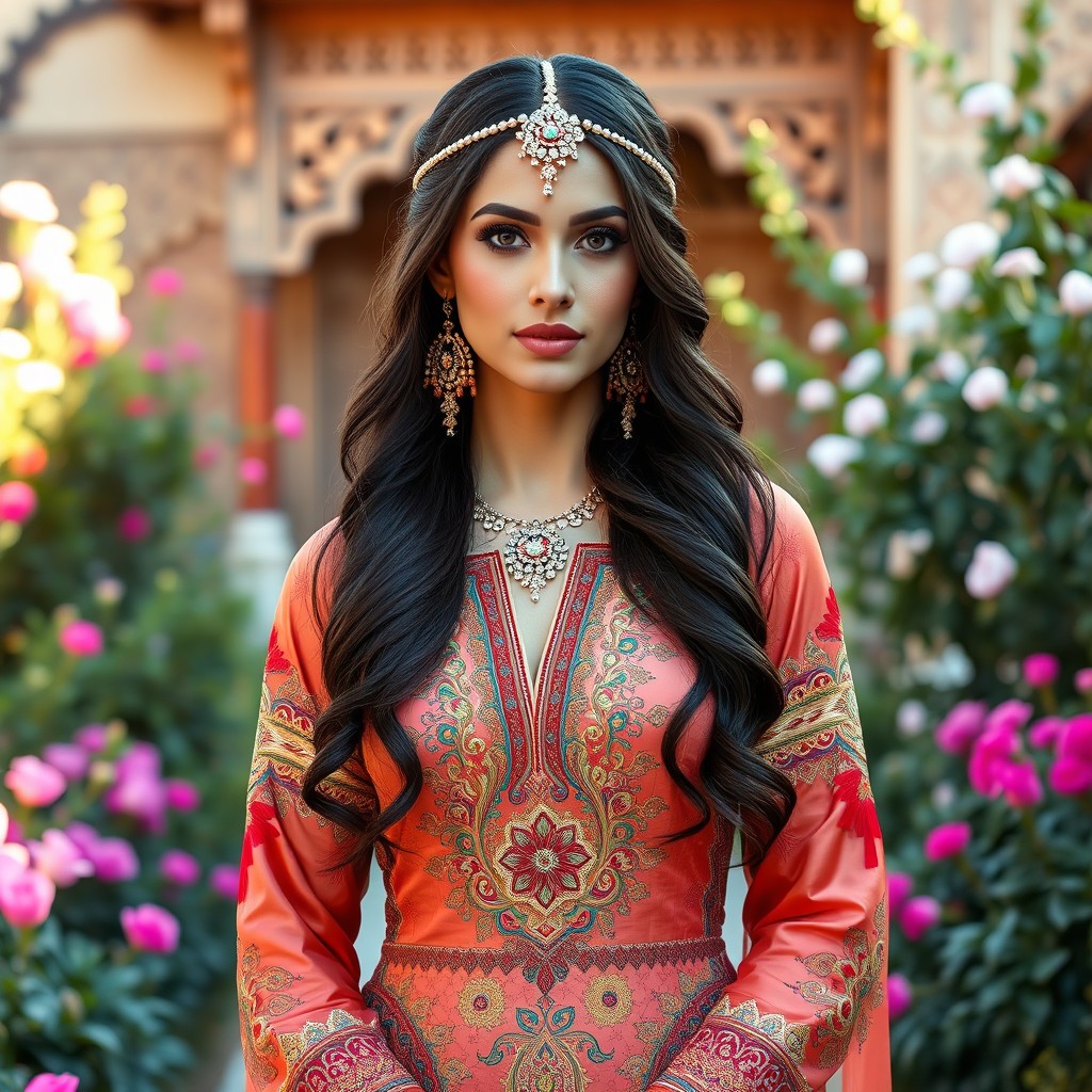 A beautiful and elegant Persian woman in a stunning traditional outfit, adorned with intricate embroidery and rich colors, standing gracefully with a serene expression