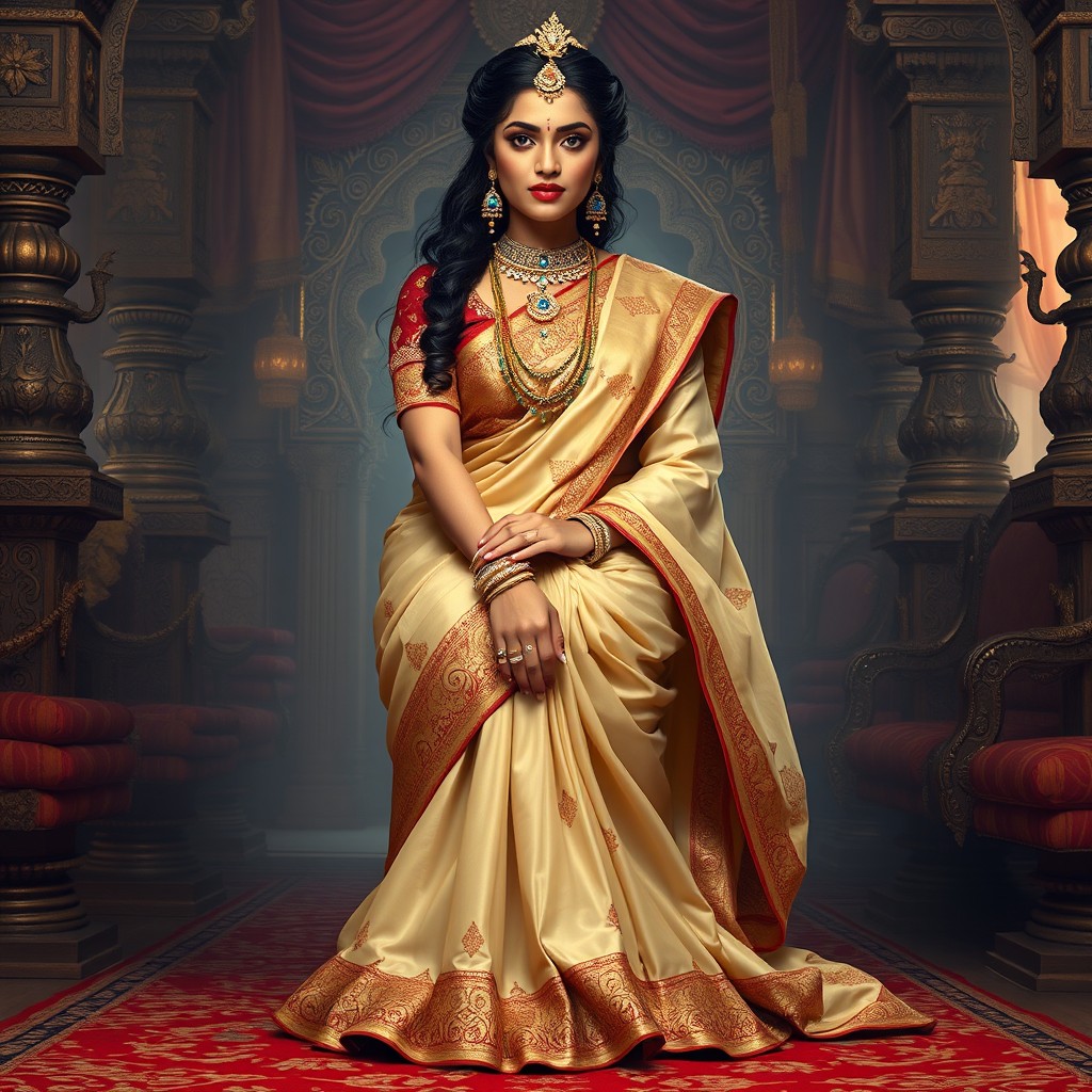An Indian queen depicted in a graceful pose, wearing a knee-length saree that elegantly drapes around her, showcasing her regal stature
