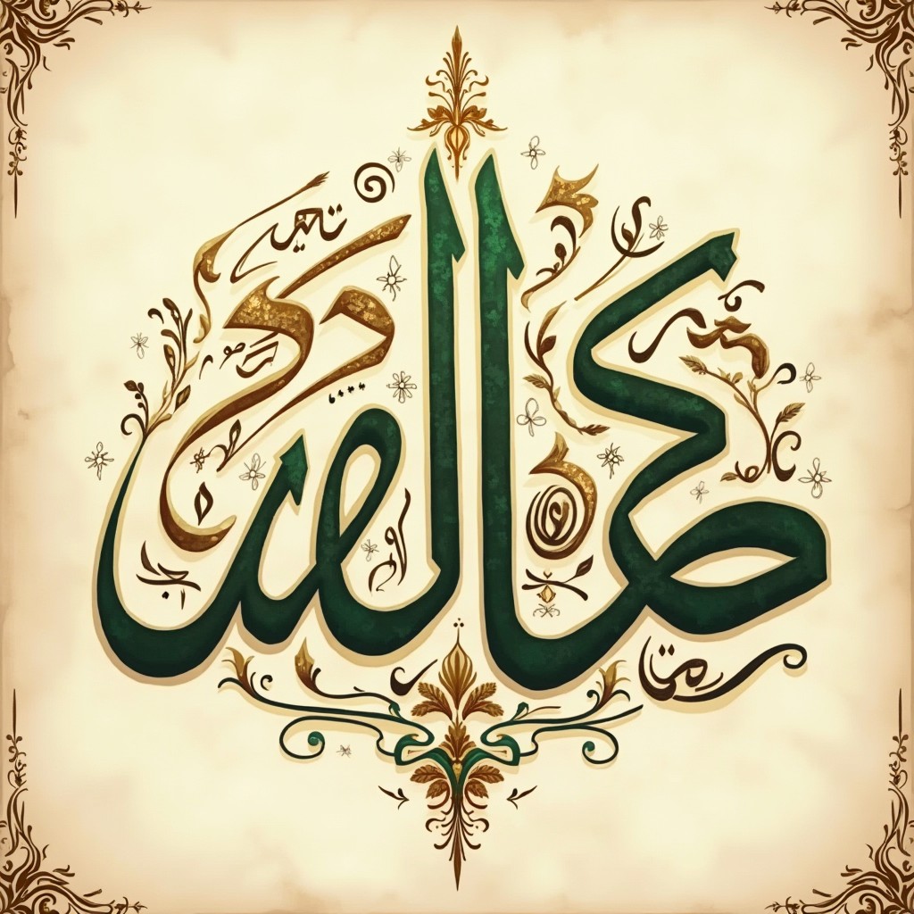Arabic calligraphy featuring the phrase "stop hosam, succeed or die trying" rendered in beautiful Quranic style, showcasing intricate curves, flourishing ornaments, and a harmonious balance of letters