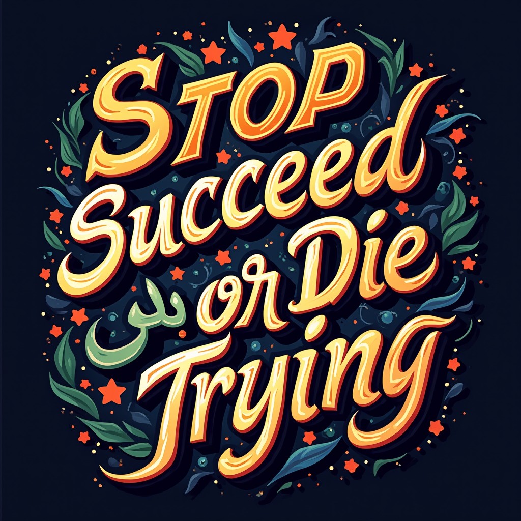 Arabic calligraphy featuring the phrase "stop hosam, succeed or die trying"