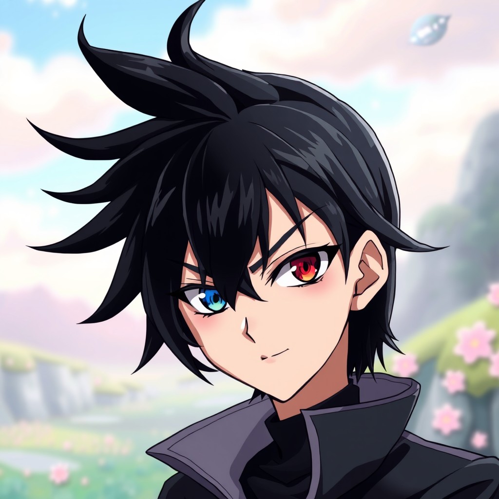 A striking anime character with black hair, featuring a dynamic hairstyle that sways slightly as if caught in a gentle breeze