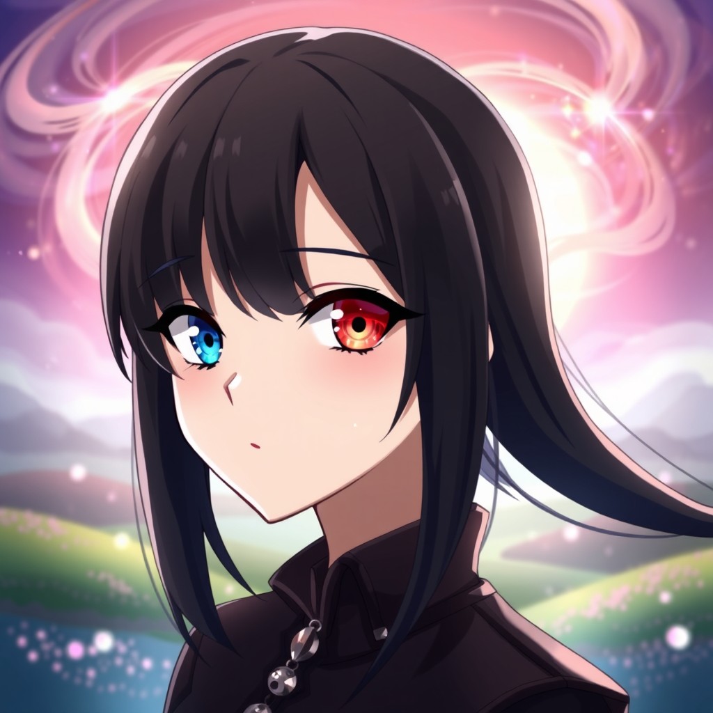 An eye-catching anime character with sleek black hair styled in a contemporary fashion, gently falling over their forehead and around their face