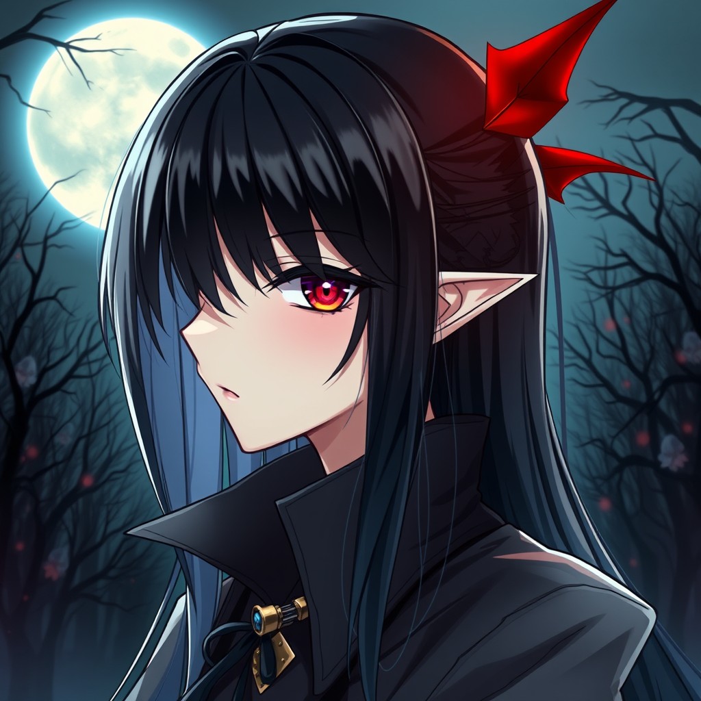 An intriguing anime vampire character with sleek black hair cascading down their shoulders, embodying a mysterious allure