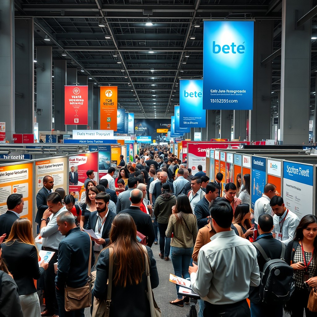 A highly detailed scene capturing the dynamic atmosphere of a busy urban job fair