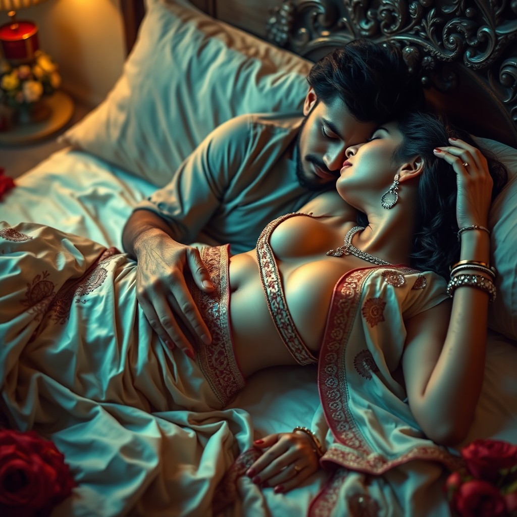 An intimate scene of an Indian couple captured with emphasis on romance and affection