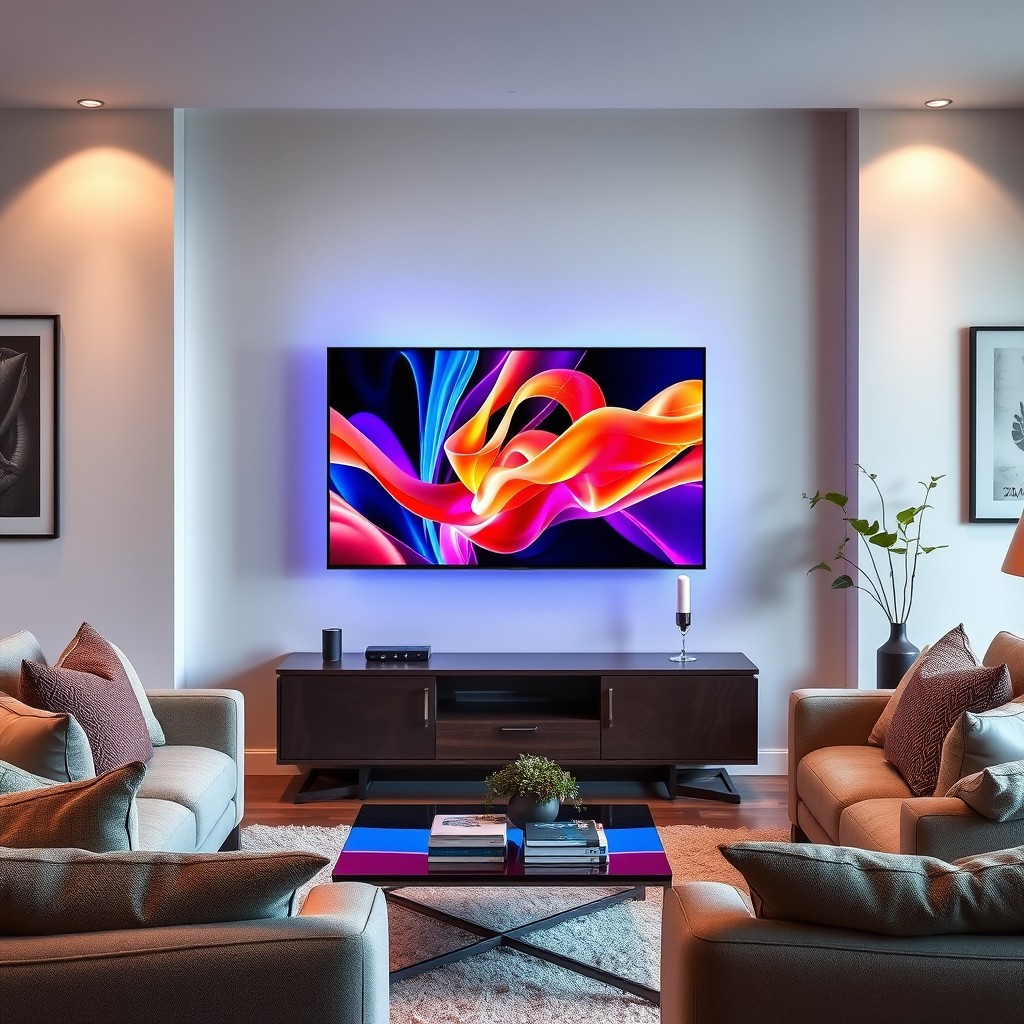 A modern living room featuring a sleek television with a bright screen displaying vibrant images