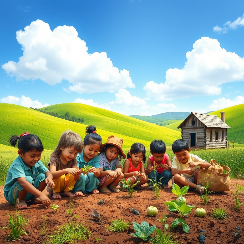 A vibrant and inspirational rural education scene depicting a diverse group of children learning outdoors in a natural setting