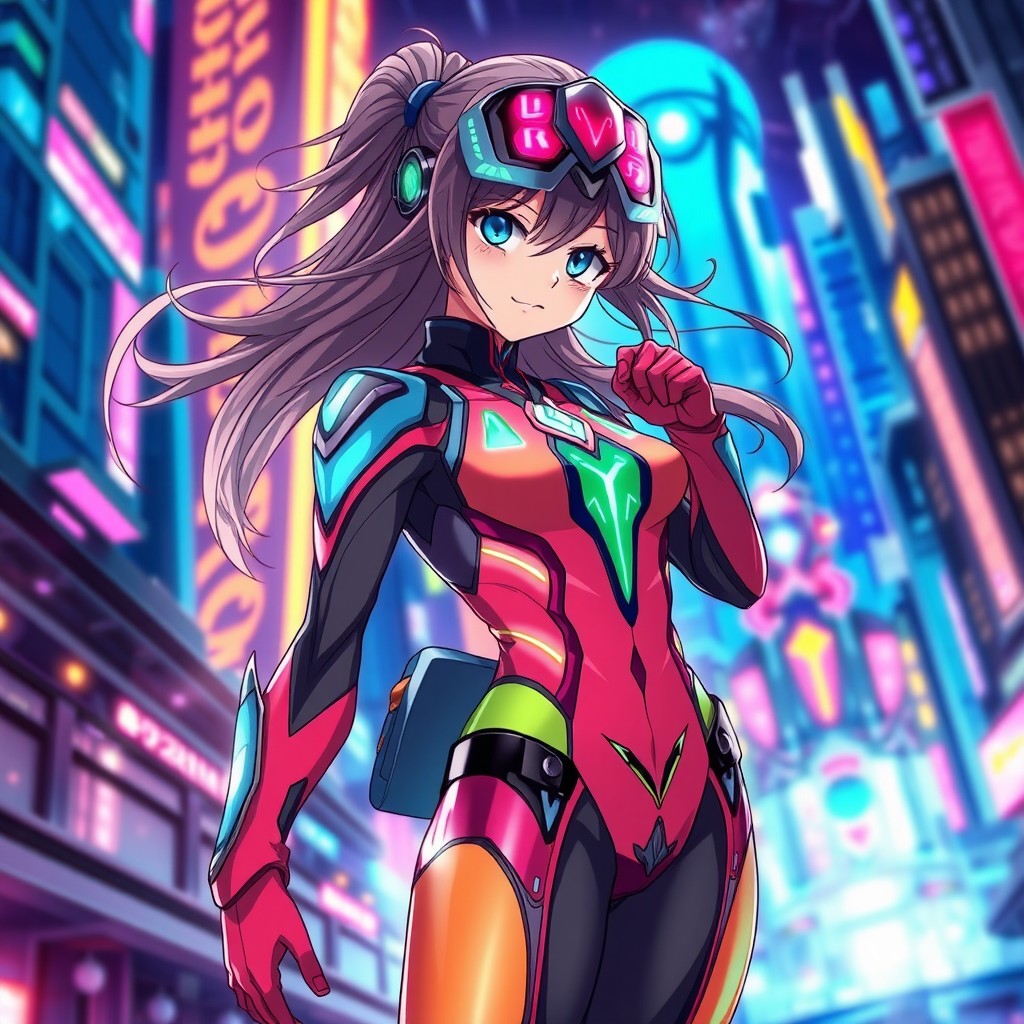 An anime-style character wearing a stylish and vibrant bodysuit, characterized by bold colors and intricate designs