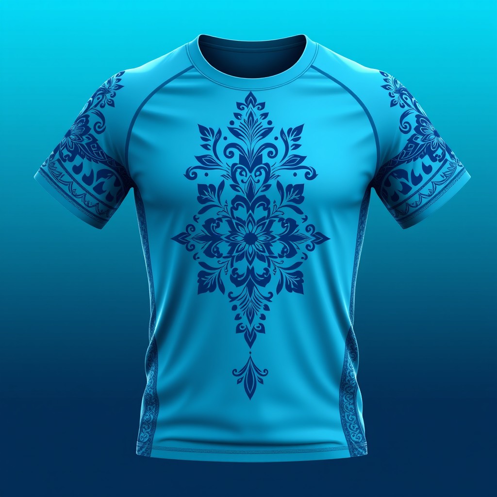 A striking sports t-shirt designed in shades of blue, featuring intricate transparent patterns inspired by traditional Yakut style
