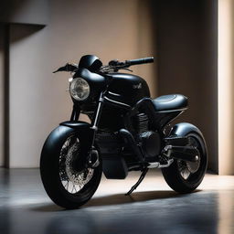 Aesthetic image of a black-coloured Hornet bike, residing in a dimly lit room, shrouded in shadows that highlight its sleek design.