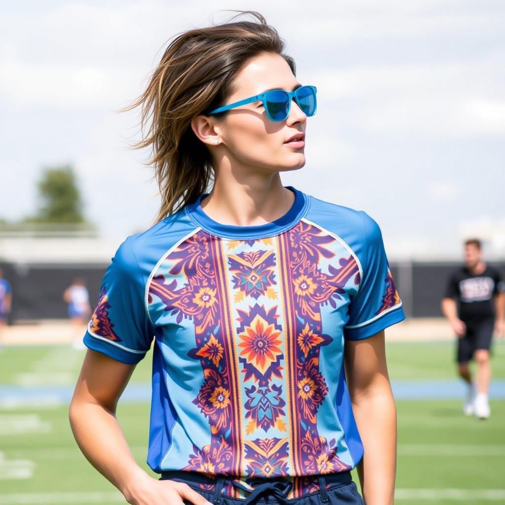 A fashionable sports T-shirt designed with shades of blue, featuring bold and dynamic patterns inspired by Yakut style