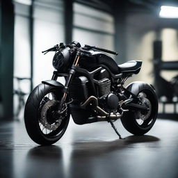 Aesthetic image of a black-coloured Hornet bike, residing in a dimly lit room, shrouded in shadows that highlight its sleek design.