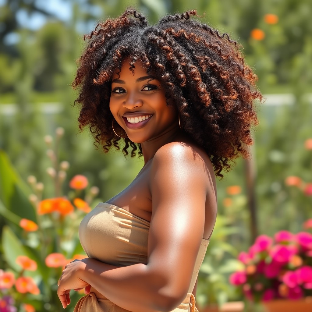 A beautiful African woman with curly hair, showcasing her confident and vibrant personality